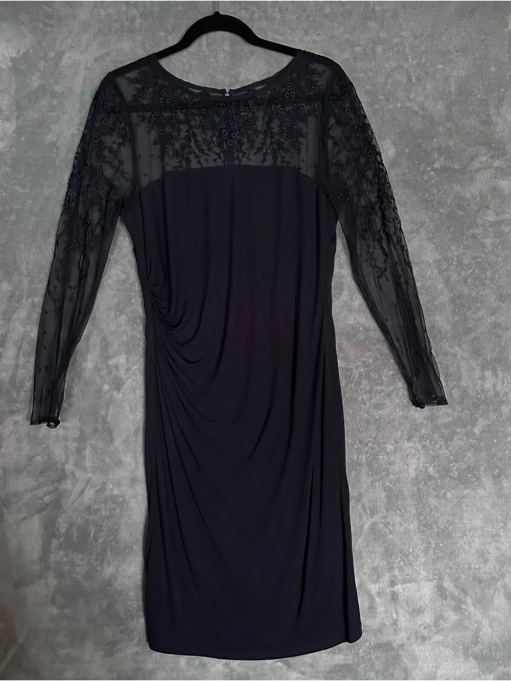 David Meister Navy Mesh-Embroidered Ruched waist Midi Dress size 14 event wed
